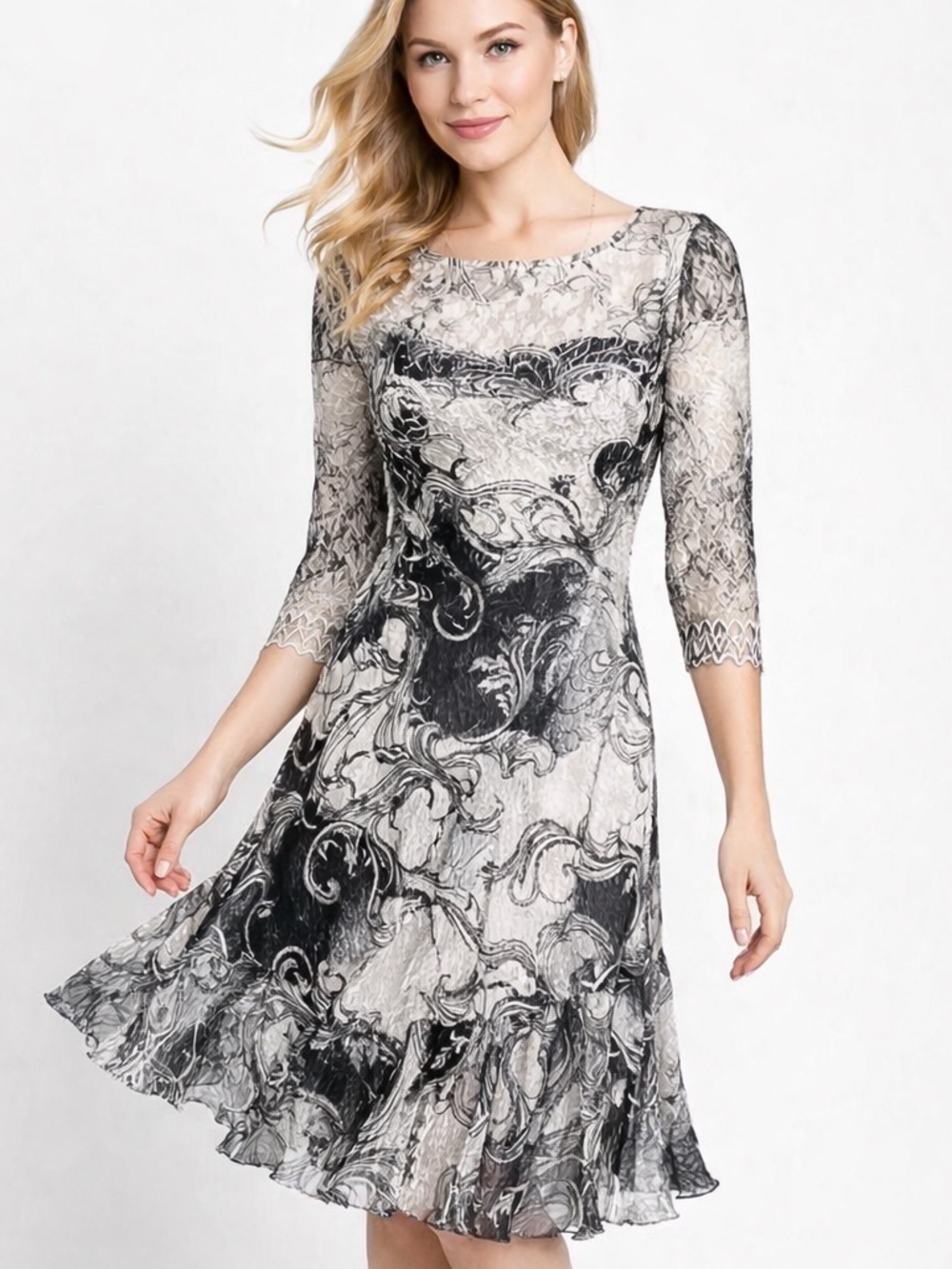 Komarov Lace Illusion Neck Crinkle Dress S Black Ivory Charmeuse Midi Cocktail